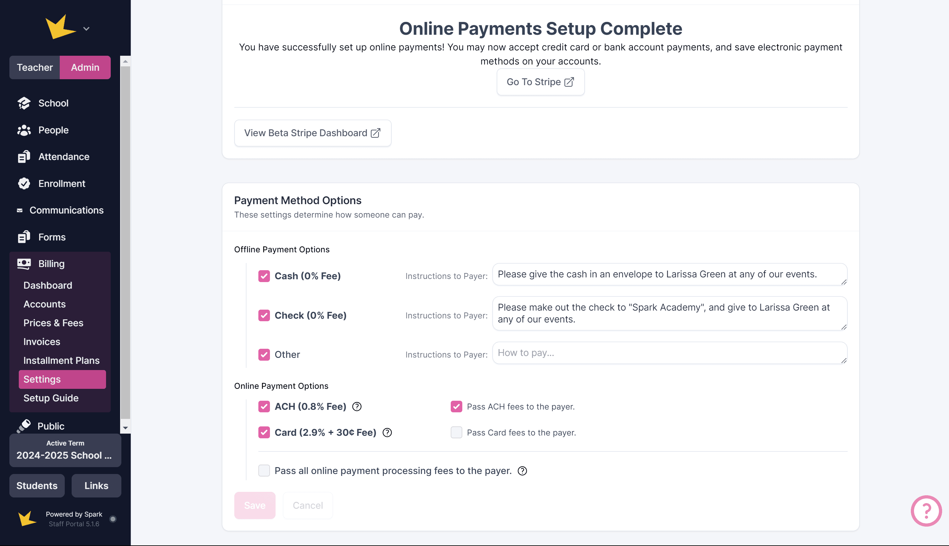 Billing settings