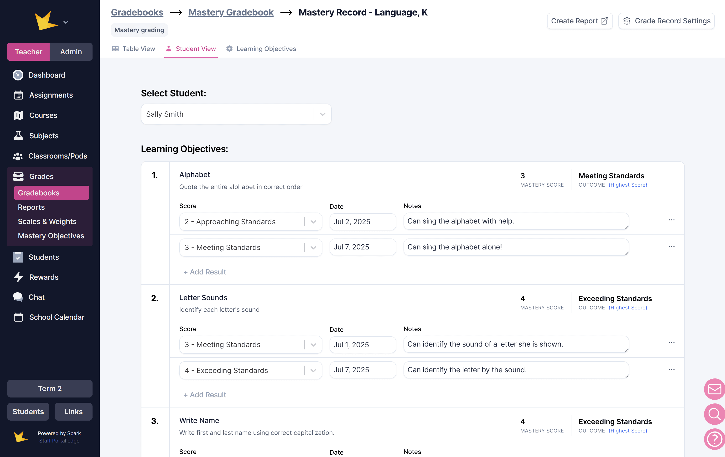 Student mastery view