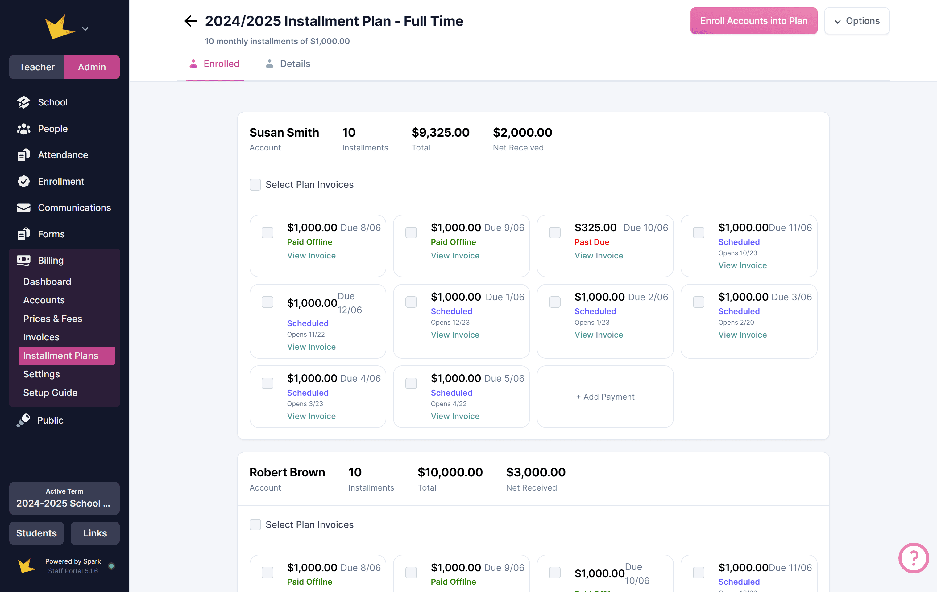 Billing installment plan enrolled accounts