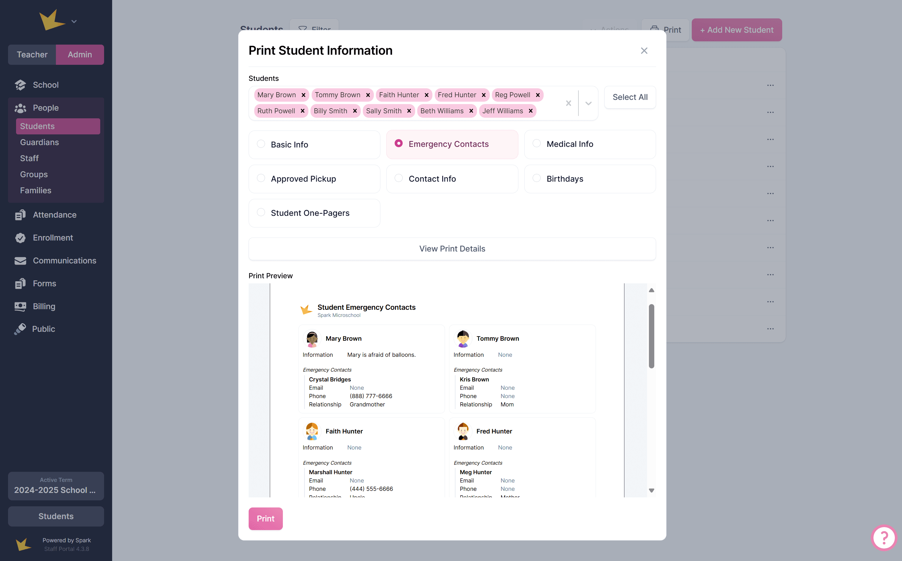 Printing student information