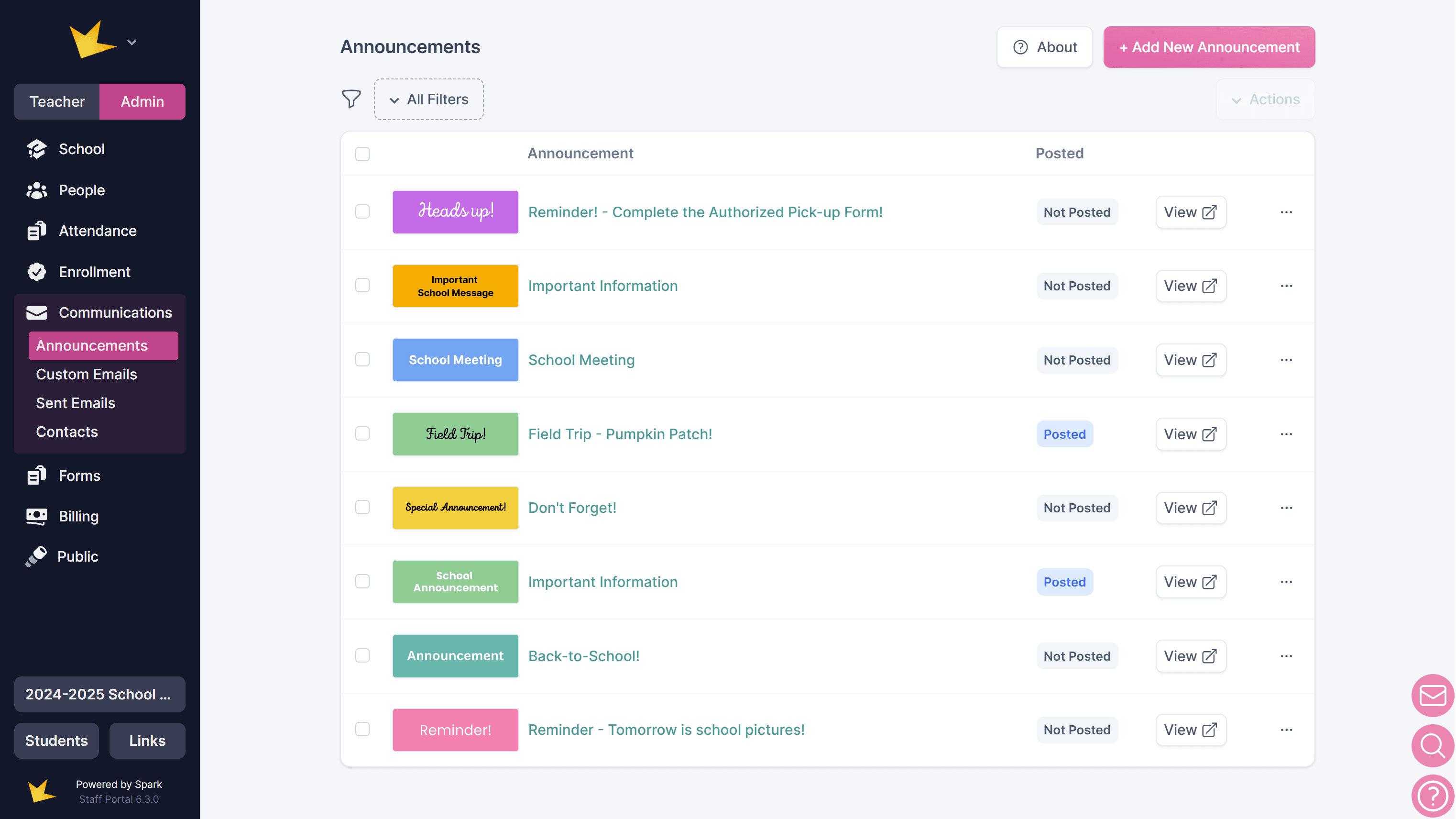 Announcements list